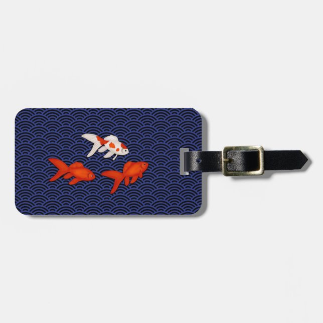 Étiquette À Bagage Poisson rouge sur Seigaiha Motif japonais personna (Devant horizontal)