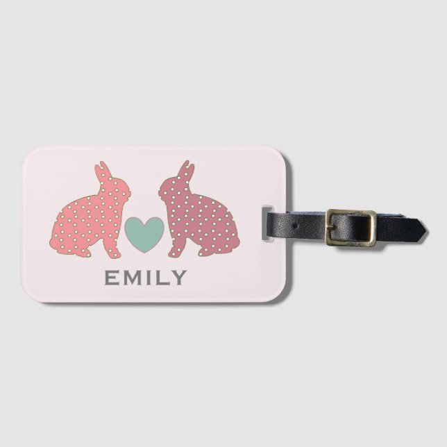 Étiquette À Bagage Polka Dot Bunnies Rose Personnalisé (Devant Horizontal)