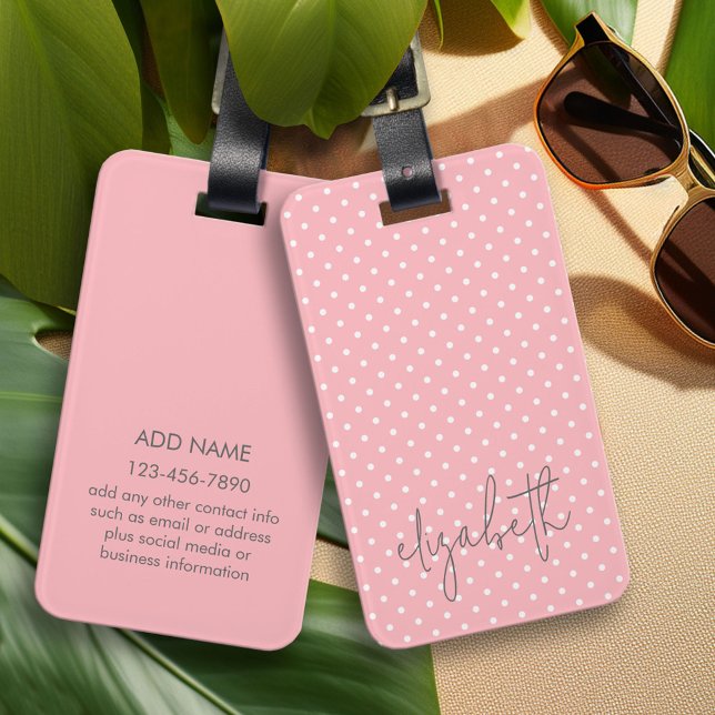 Étiquette À Bagage Polka Dot rose vierge script gris nom (Custom Luggage Tag - Personalized Bag Tag)