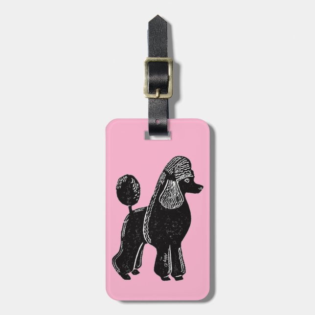 Étiquette À Bagage Poodle noir avec étiquette de bagage rose (Devant Vertical)