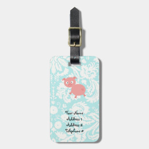 Étiquette À Bagage Porc rose mignon ; Damassé turquoise