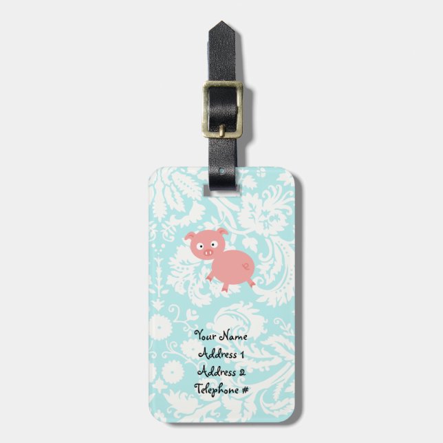 Étiquette À Bagage Porc rose mignon ; Damassé turquoise (Devant Vertical)