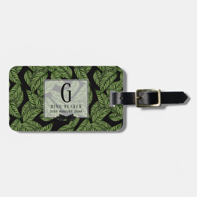 Étiquette À Bagage PORTE-ANNEAU Tropique Feuille verte Monogramme (Devant horizontal)