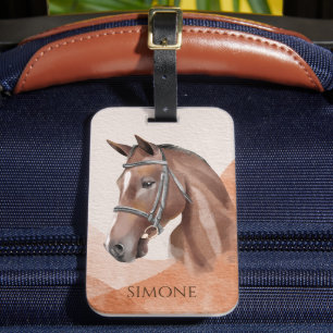 Étiquette À Bagage Portrait de cheval brun nom personnalisé équestre