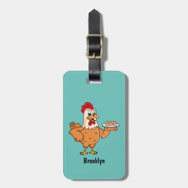 Étiquette À Bagage Poulet avec oeufs sur plaque de dessin animé (Devant Vertical)