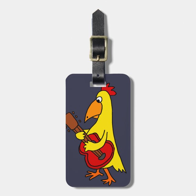 Étiquette À Bagage Poulet jaune drôle jouant la guitare (Devant Vertical)