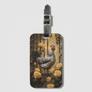 Étiquette À Bagage Poulet tacheté aux roses jaunes, peinture à l'huil