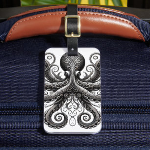 Étiquette À Bagage Poulpe Steampunk Kraken Noir Orné