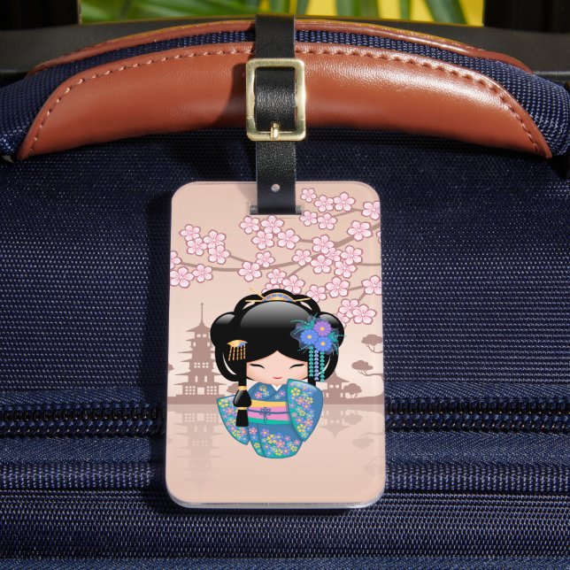 Étiquette À Bagage Poupée Keiko Kokeshi - Blue Kimono Geisha Girl (Insitu Rectoal 2)