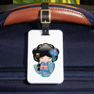 Étiquette À Bagage Poupée Keiko Kokeshi - Blue Kimono Geisha Girl