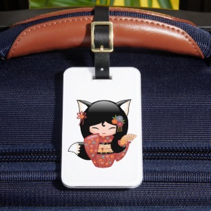 Étiquette À Bagage Poupée Kitsune Kokeshi - Black Fox Geisha Girl