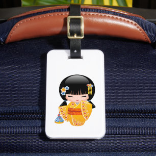 Étiquette À Bagage Poupée Kokeshi d'été - Fille Geisha en Kimono Jaun