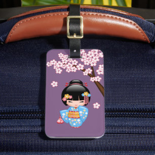 Étiquette À Bagage Poupée Maiko Kokeshi - Blue Kimono Geisha Girl