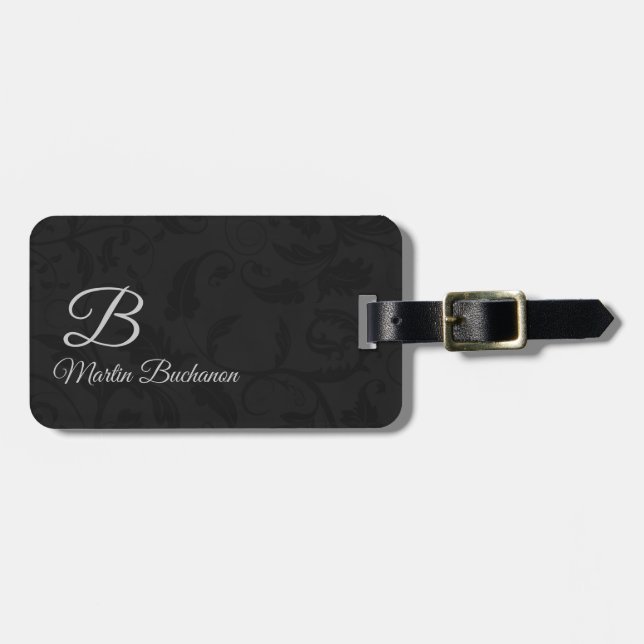 Étiquette À Bagage pour le Voyageur noir Damask Monogrammed (Devant horizontal)