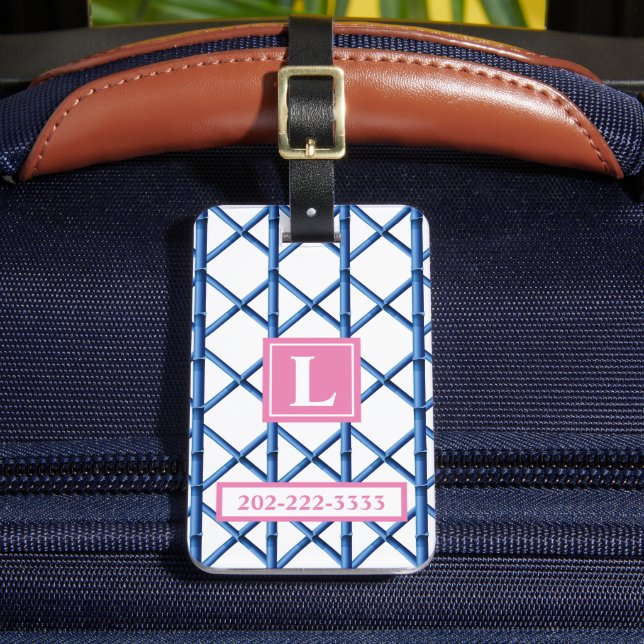Étiquette À Bagage Preppy Blue Trellis Bamboo Motif Monogramme (Insitu Rectoal 2)