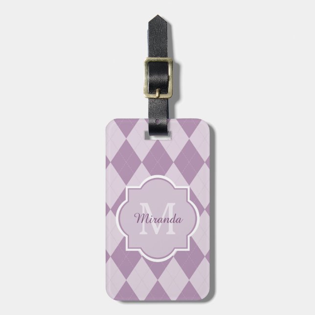 Étiquette À Bagage Preppy Jacquard violet clair Girly Monogramme et n (Devant Vertical)