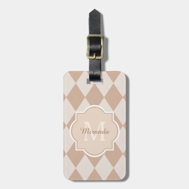 Étiquette À Bagage Preppy Light Jacquard Brown Girly Monogramme et no (Devant Vertical)