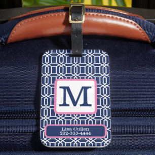 Étiquette À Bagage Preppy Navy White Octagon Monogramme Personnalisé