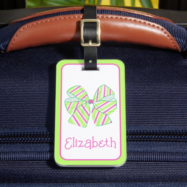 Étiquette À Bagage Préppy rose et vert rayé vaches personnalisées (Insitu Rectoal 2)