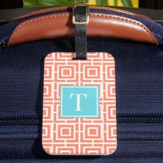 Étiquette À Bagage Preppy Square Lattice Monogram - Coral & Turquoise