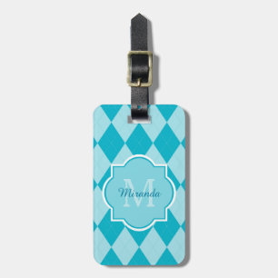 Étiquette À Bagage Preppy Turquoise Jacquard Girly Monogramme et nom