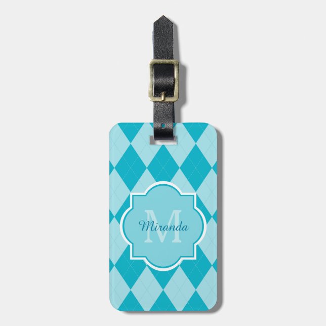 Étiquette À Bagage Preppy Turquoise Jacquard Girly Monogramme et nom (Devant Vertical)