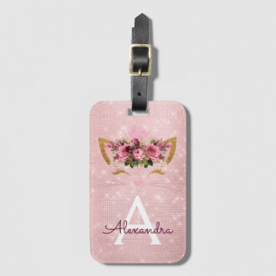 Étiquette À Bagage Princesse Monogramme Étincelle Chat Rose