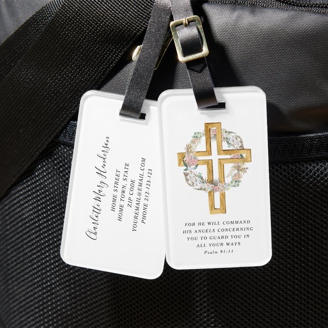 Étiquette À Bagage Psaume 91:11 Bible Verse Religious Wreath Cross (Psalm 91:11 Bible Verse Religious Wreath Cross Luggage Tag)