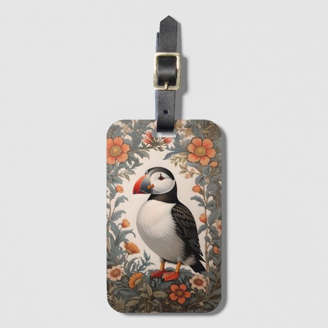 Étiquette À Bagage Puffin Atlantique William Morris Inspiré Floral (Devant Vertical)