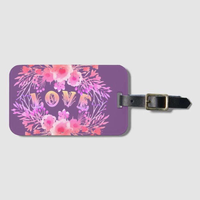 Étiquette À Bagage Purple LOVE dans l'aquarelle Fleurs (Devant Horizontal)