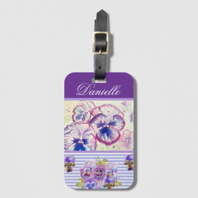 Étiquette À Bagage Purple Pansy Shabby Chic Aquarelle rose Bleu (Devant Vertical)