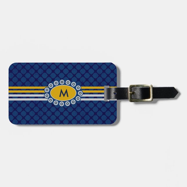 Étiquette À Bagage Quatre bandes Monogramme Bleu et Or ID207 (Devant horizontal)
