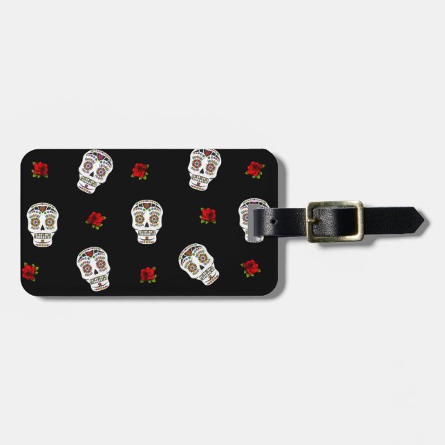 Étiquette À Bagage RAB Rockabilly Sugar Skulls Roses On Black (Devant horizontal)
