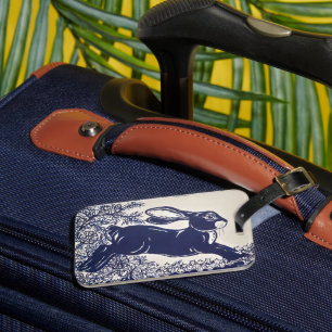 Étiquette À Bagage Rabbit bleu Dedham, design bleu et blanc Vintage