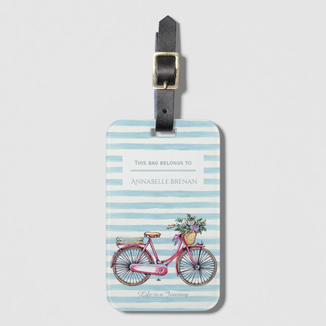 Étiquette À Bagage Rayé de bicyclette d'aquarelle assez personnalisé (Devant Vertical)