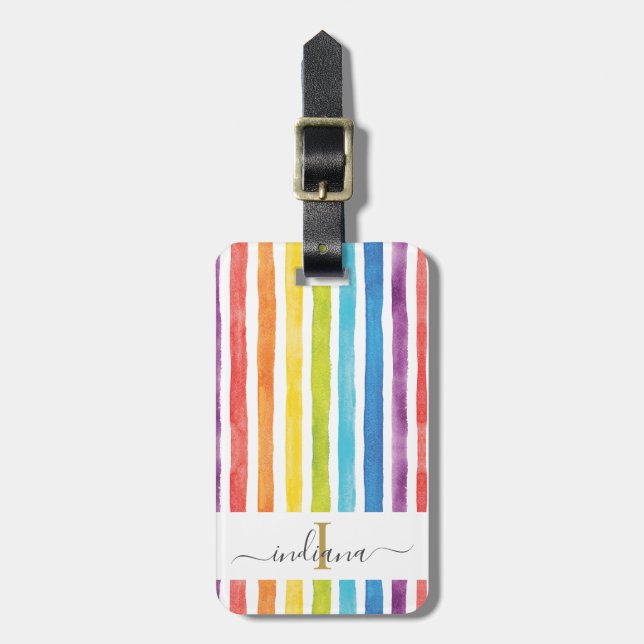Étiquette À Bagage Rayon d'aquarelle du monogramme arc-en-ciel (Devant Vertical)