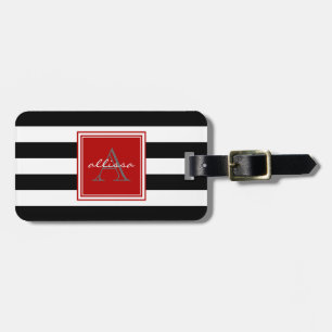 Étiquette À Bagage Rayure décorée d'un monogramme de tente de noir de
