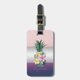 Étiquette À Bagage Rayure Féminine, Fleurs Tropicales Ananas
