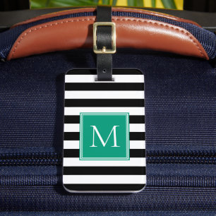 Étiquette À Bagage Rayure noir et blanc avec monogramme émeraude