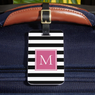 Étiquette À Bagage Rayure noir et blanc avec monogramme rose vif