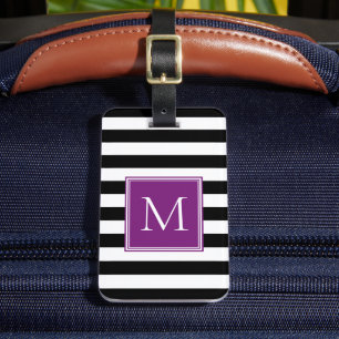Étiquette À Bagage Rayure noire et blanche avec monogramme prune