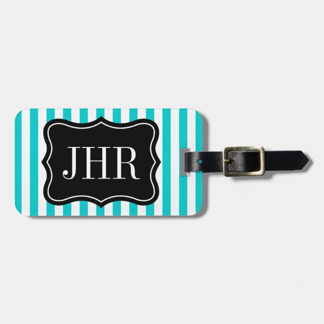 Étiquette À Bagage Rayure personnalisée de turquoise de l'étiquette | (Devant horizontal)