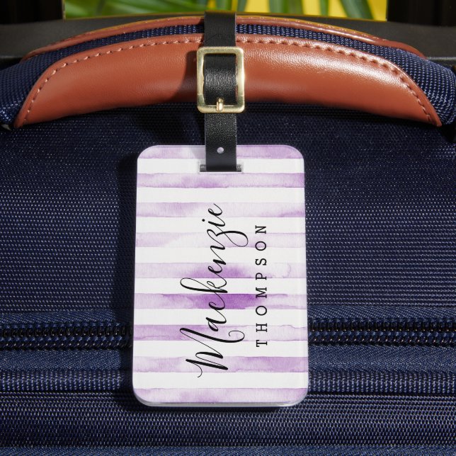 Étiquette À Bagage Rayures d'aquarelle violette Monogramme (Insitu Rectoal 2)