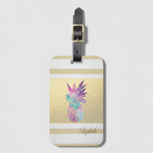 Étiquette À Bagage Rayures dorées modernes, Ananas - Personnalisé