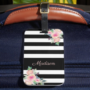 Étiquette À Bagage Rayures Élégantes Florales Nom Rose Noir Blanc