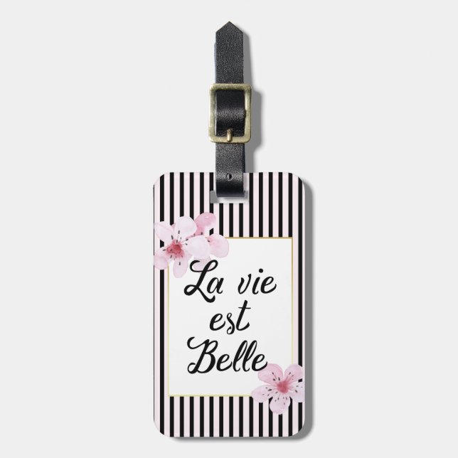 Étiquette À Bagage Rayures françaises chics et fleurs de cerisier de (Devant Vertical)