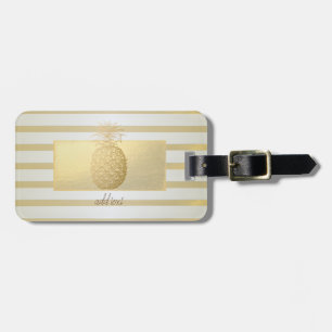Étiquette À Bagage Rayures Modernes Féminines Dorées, Ananas Doré