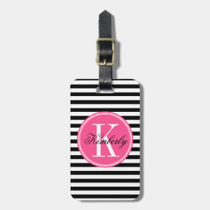 Étiquette À Bagage Rayures noires et blanches avec le monogramme rose
