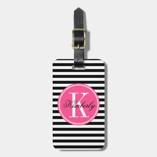 Étiquette À Bagage Rayures noires et blanches avec le monogramme rose (Devant Vertical)