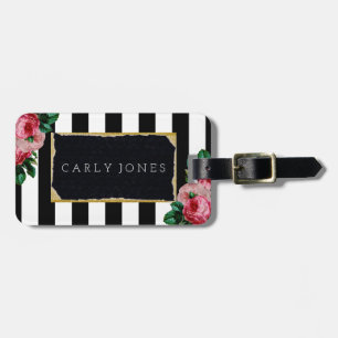 Étiquette À Bagage Rayures noires et étiquette florale de bagage